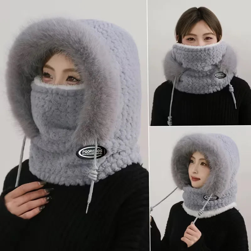 Autumn and Winter Women Thermal Plush Hat Hood Scarf and Mask Ear Protection Windproof Thick Design for Riding Outdoor