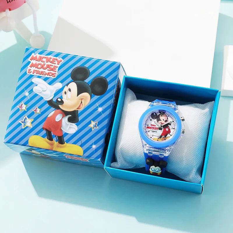 Cartoon Mickey Flash Light Girls Watches with Box Silicone Strap Spiderman Children Watches Kids Student Clock reloj infantil