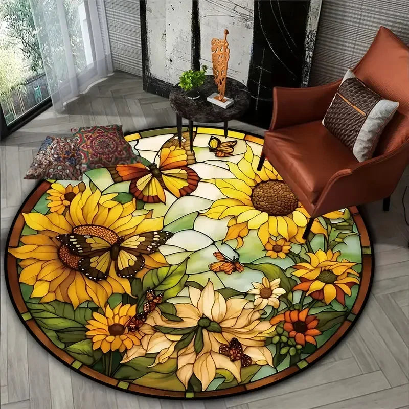 Colorful Floral Wreath Round Rug with Butterflies & Sunflowers – Nature-Inspired Home Decor for Living Room or Bedroom