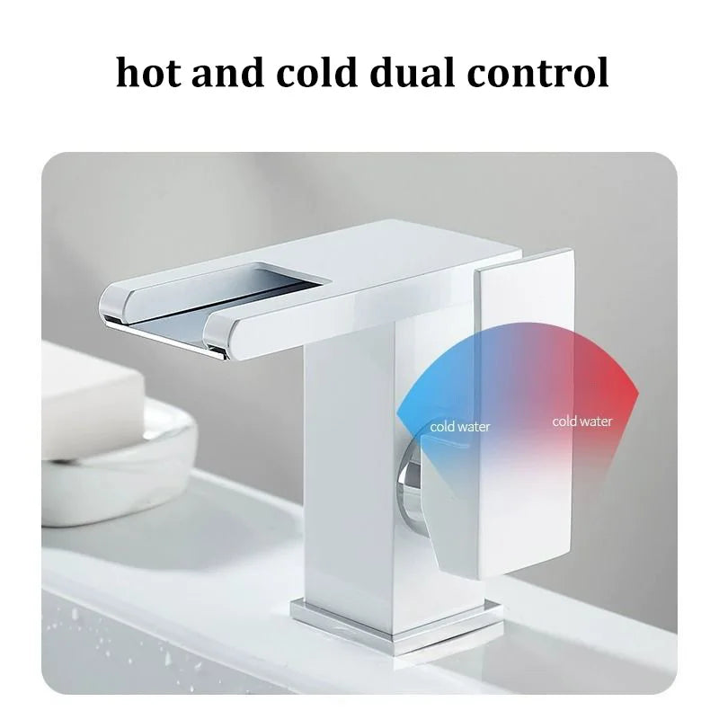 Basin Waterfall Style All-copper LED Light Luminous Faucet Bathroom Above Counter Basin Household Hot and Cold Water Faucet