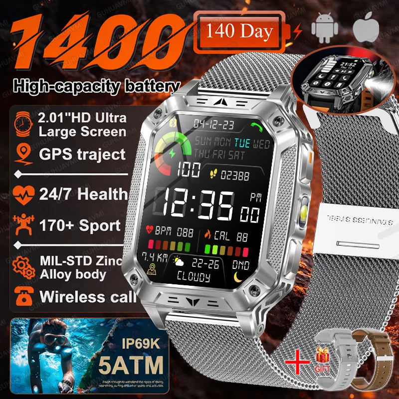 2026 Military 5ATM Waterproof Smart Watch Men 1400mAh Battery GPS Tracks 2.01" HD AMOLED Bluetooth call Sport Fitness Smartwatch