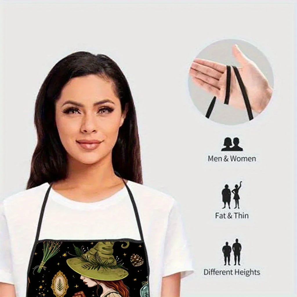 1pc Large Witch Reading Spellbook Apron - Gothic Witch Design with Magical Items Dark Green Black Kitchen Apron for Halloween