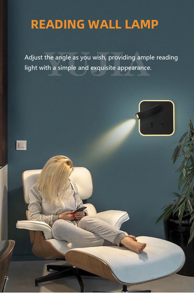 Contemporary Multifunctional LED Wall Sconce with Switch Modern Adjustable Reading Lamp USB Charging Ports for Bedrooms Offices