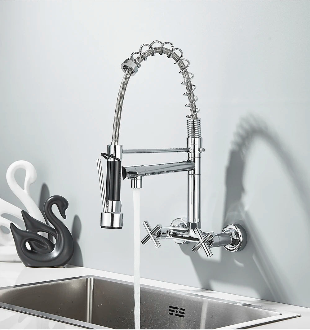 Gold Black Kitchen Faucet Wall Mount Pull Down Tap Vessel Sink Hot Cold Water Mixer Tap Spring Dual Swivel Spouts Sink Crane