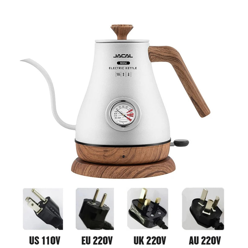 1.0L Electric Kettle Retro Gooseneck Hand Brewed Coffee Pot Slender Mouth Teapot Stainless Steel Liner Kettle with thermometer