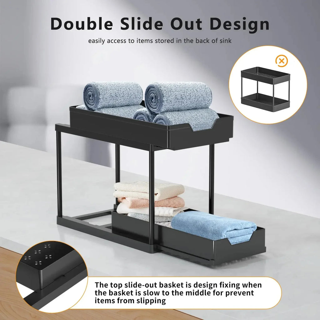 2 Tier Under Sink Sliding Cabinet Basket Organizer Storage Rack with Hooks Hanging Cup Bathroom Multifunctional Storage Rack