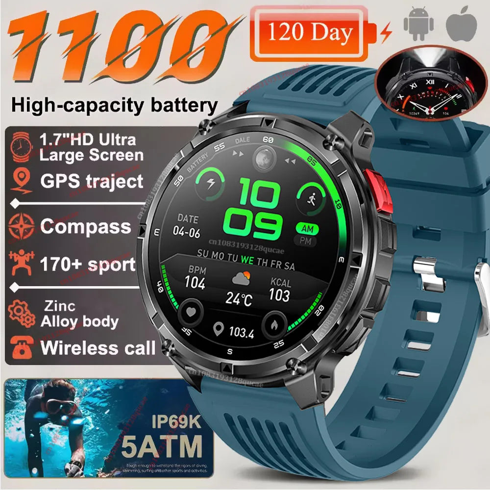 2026 New 1100mAh 1.7 Inch Smart Watch GPS path 5ATM Waterproof Sports Run Hiking Outdoors Compass Flashlight Military Smartwatch