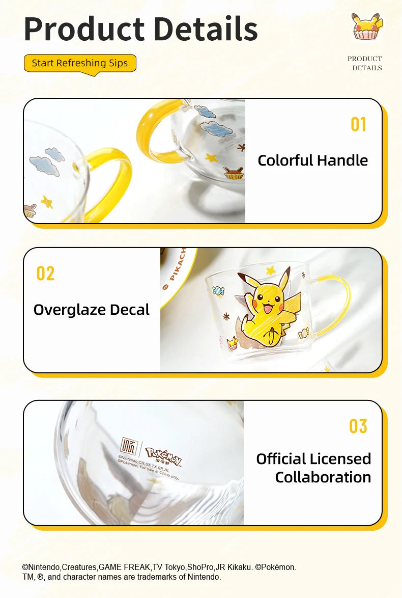 SHUNXIANG Pokémon Pikachu Glass Mugs Milk Cup Cute Drink Tableware Coffee Cup Kawaii  Transparent Water Cup with Handle Gift