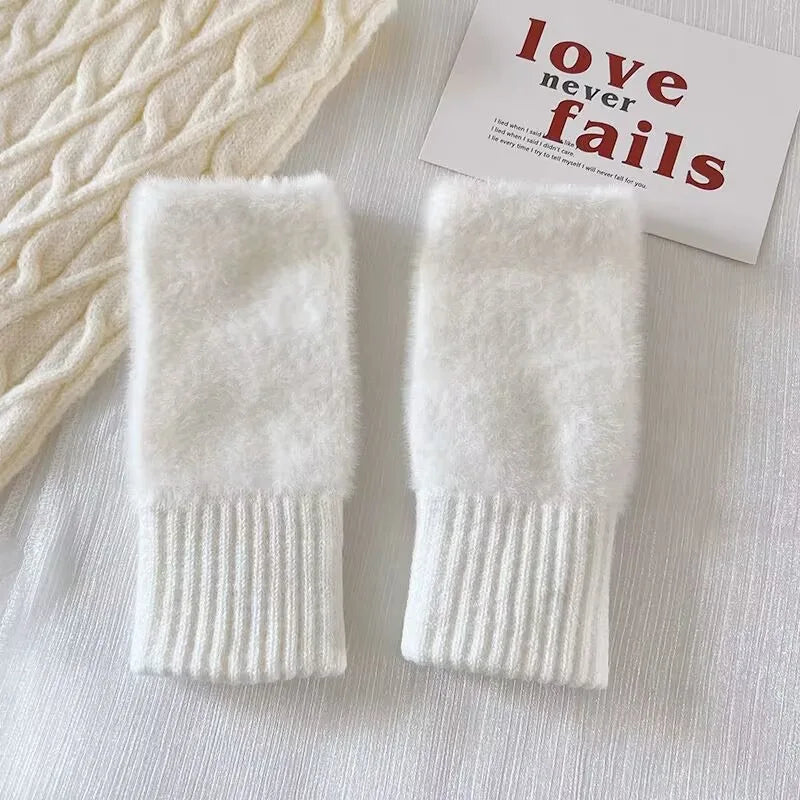 Women's Warm Plush Half-Finger Gloves for Autumn Winter Multi-Functional Cute Office Wear Cold-Resistant Fingerless Mittens
