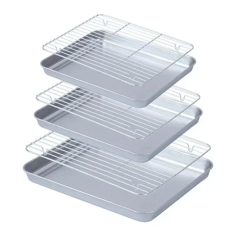 Flat Bottom 430 Stainless Steel Square Plate Oven Safe BBQ Grill Pan Drain Tray Oil Drip Rack Prep Plate for Roasting Grilling