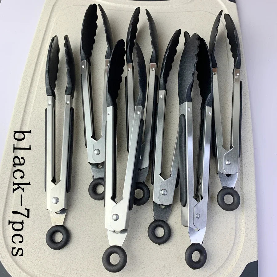 Anti Slip Cooking Serving Tongs Stainless Steel Food Clip Bread Salad Tong Heat-Resistant Barbecue Clips Kitchen Cooking Tool
