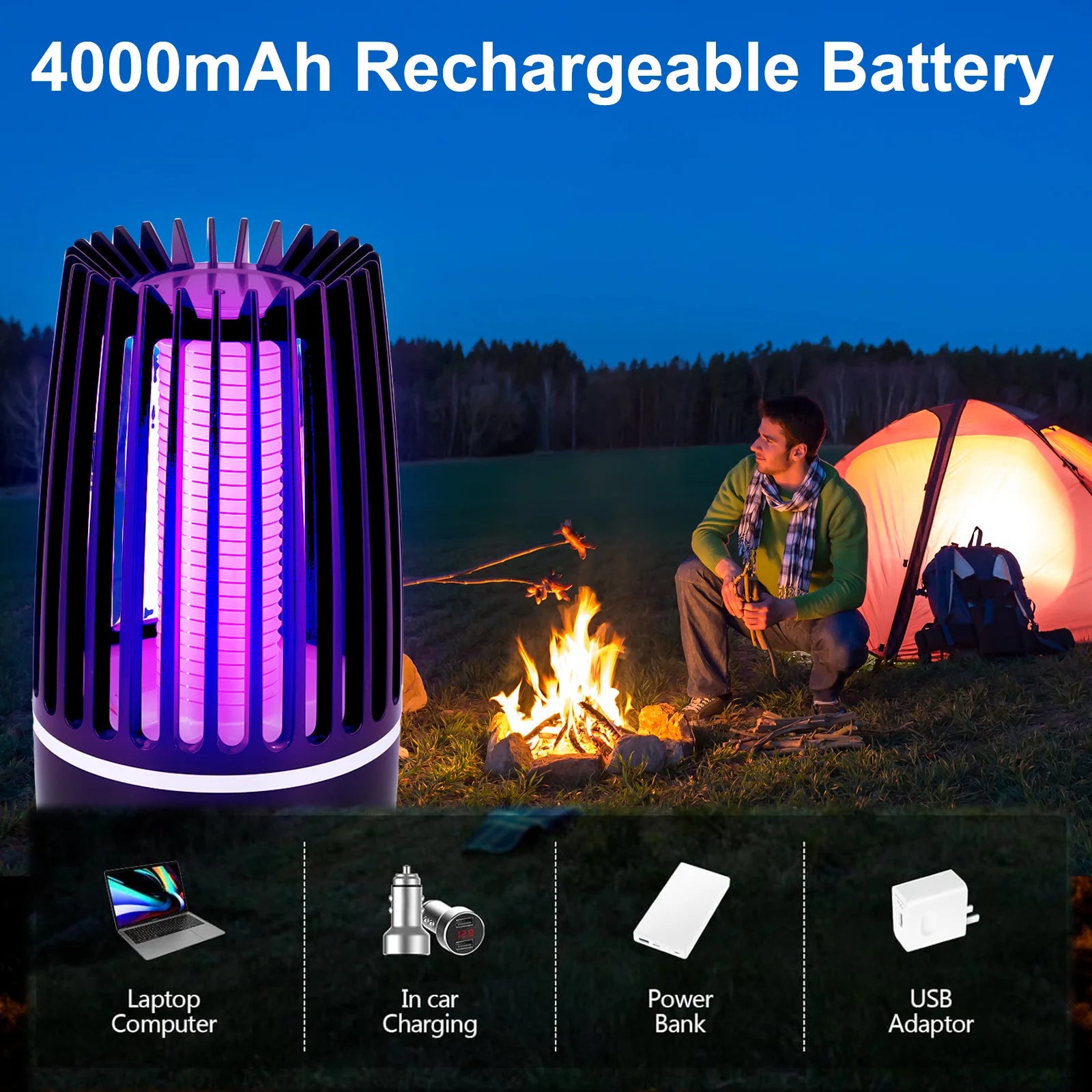 2 in 1 Electric Fly Catcher USB Rechargeable Portable Bug Zapper with Night Light 360° Attract for Indoor Outdoor Trip Camping