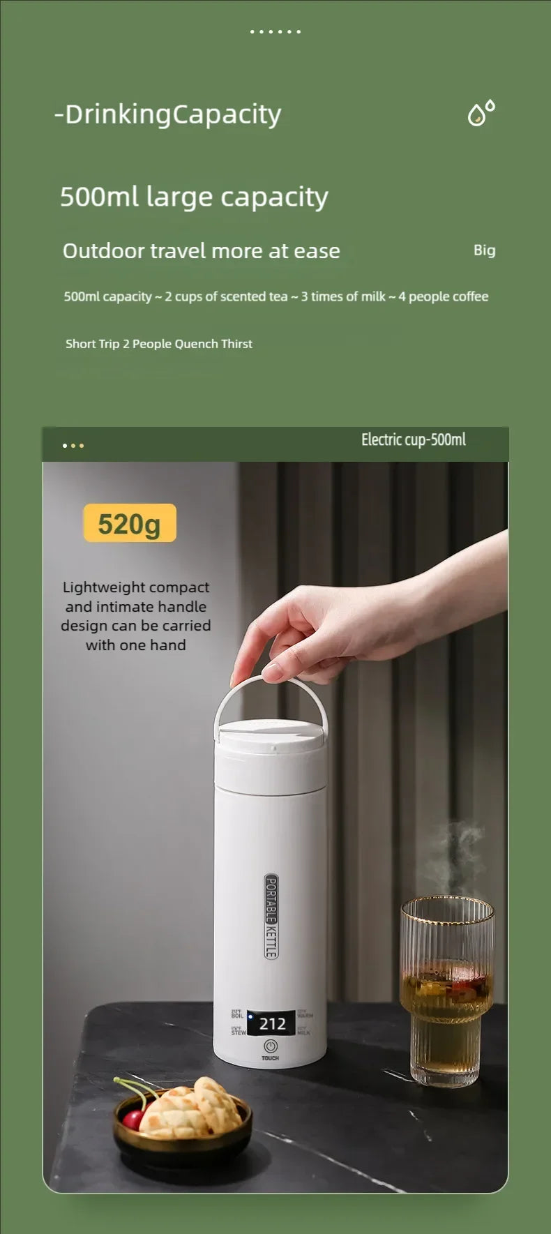 JFBONIN Electric Kettles Portable Tea Coffee Kettle Travel Boil Water Thermal Cup Anti-Scald Water Bottle English Menu