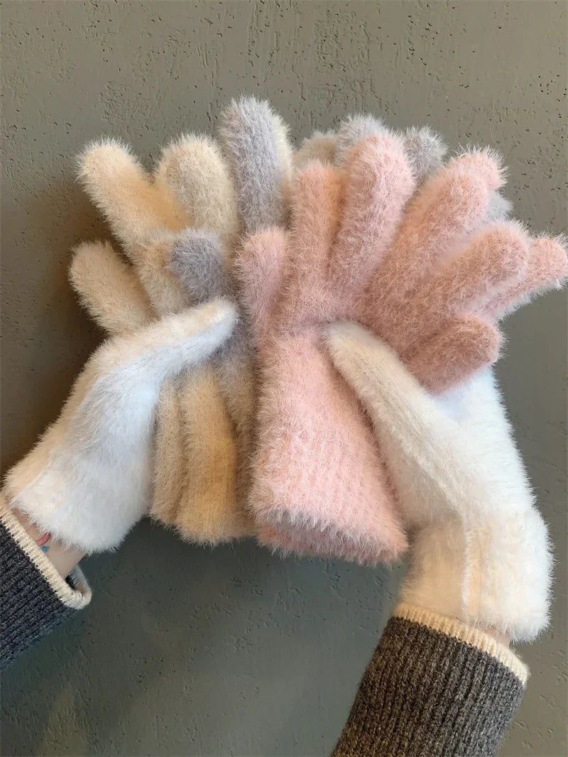 Fashion Winter Mink Velvet Five Finger Gloves Plush Warm Cold-proof Gloves Women Outdoors Cycling Solid Color Wistiti Mittens