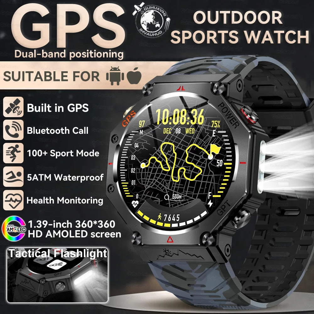 2026 New GPS Smart Watch Built-in Dual-band GNSS 10ATM&IP69K Waterproof AMOLED Compass Original Military Flashlight Smartwatches