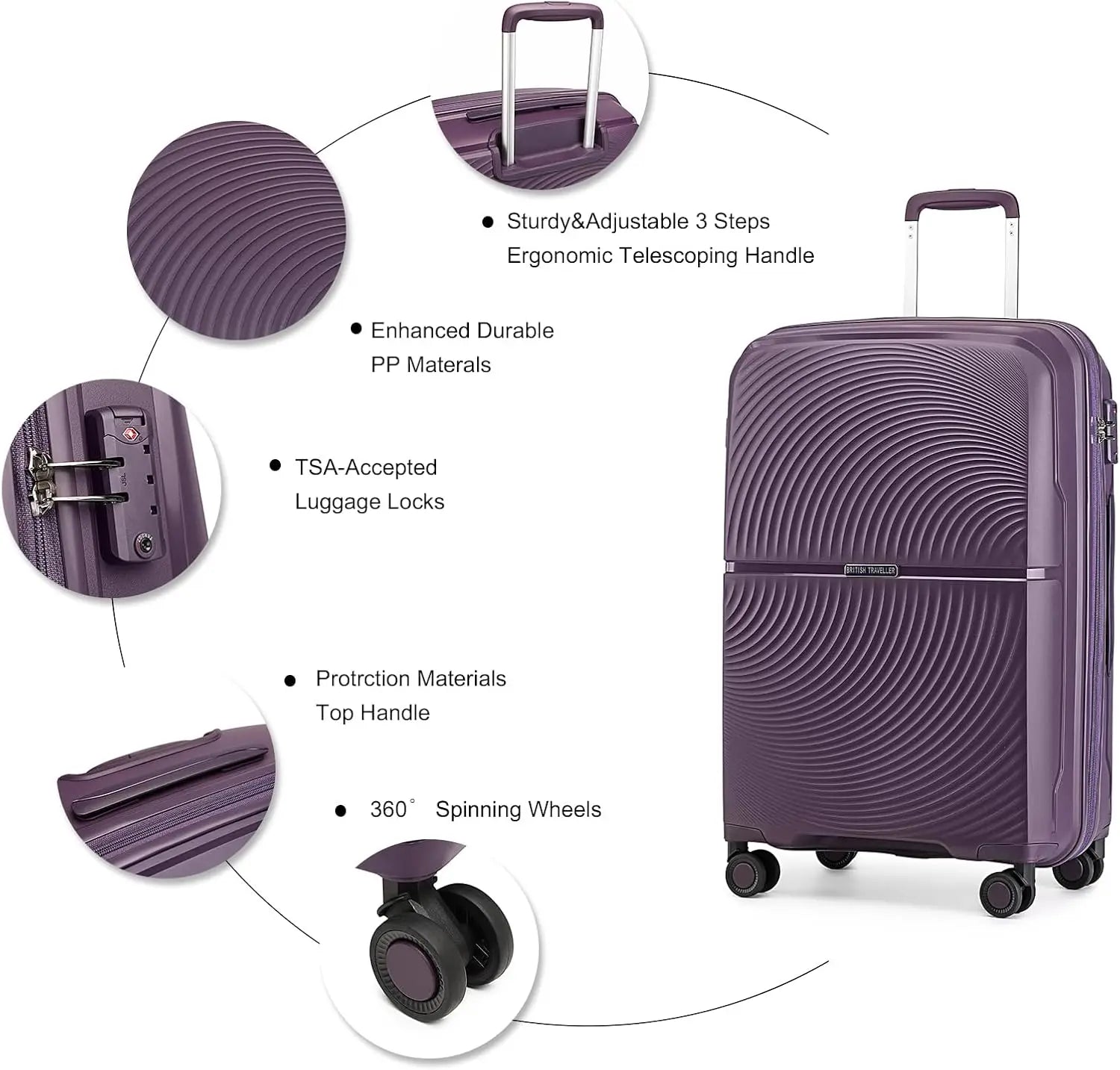 British Traveller 2 Piece Luggage Set 14+20 Inch, PP Hard Shell Suitcase with TSA Lock & Silent Spinner Wheels, Portable Carry-On Luggage for Business & Short Trips