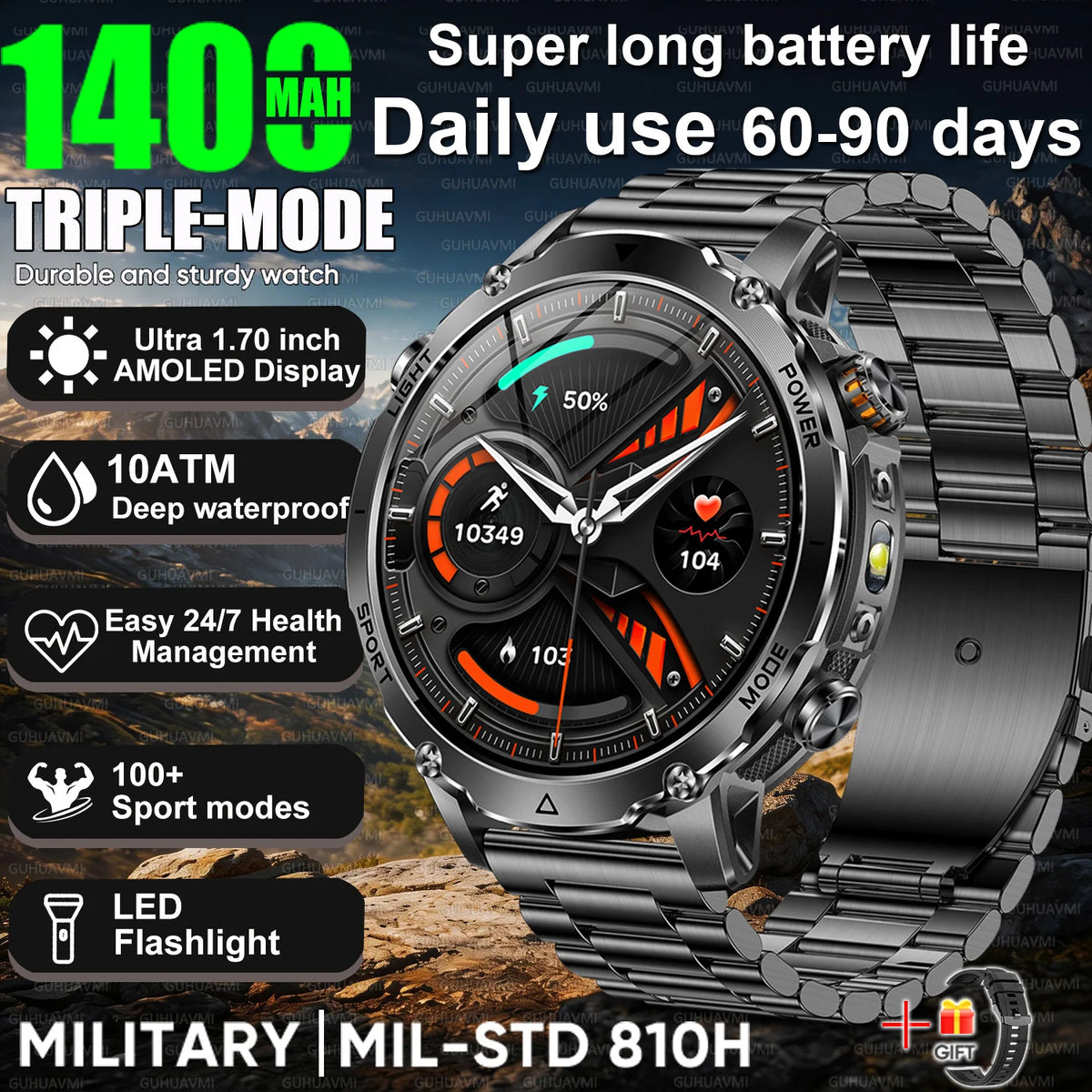 2026New 1.7 inches TANK SmartWatch Military Grade Durability 1400mah Battery HD Call 10ATM Waterproof Flashlight Sport Watch Men