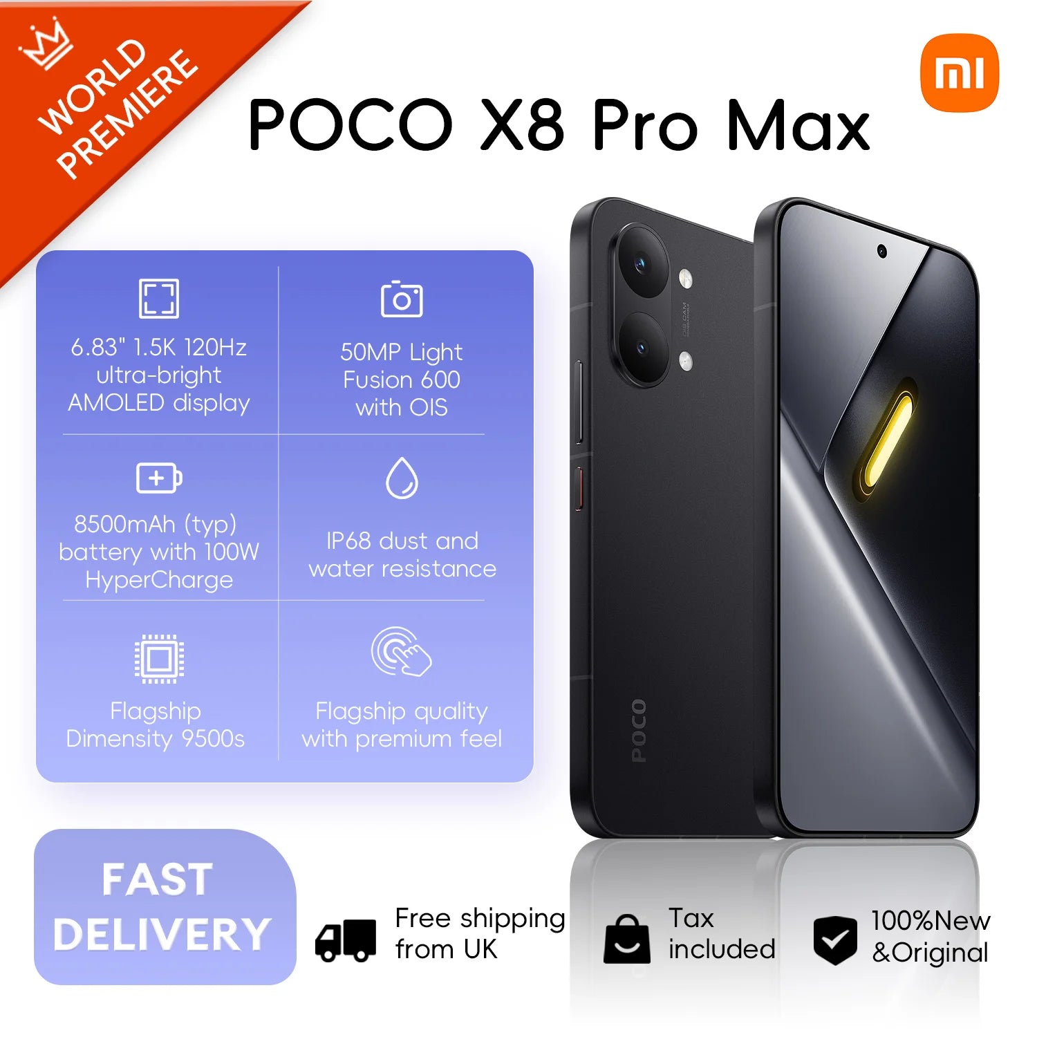 POCO X8 Pro Max 5G 12+512GB Global Version 6.83" 1.5K 120Hz display MediaTek Dimensity 9500s 50MP 8500mAh 100W HyperCharge NFC