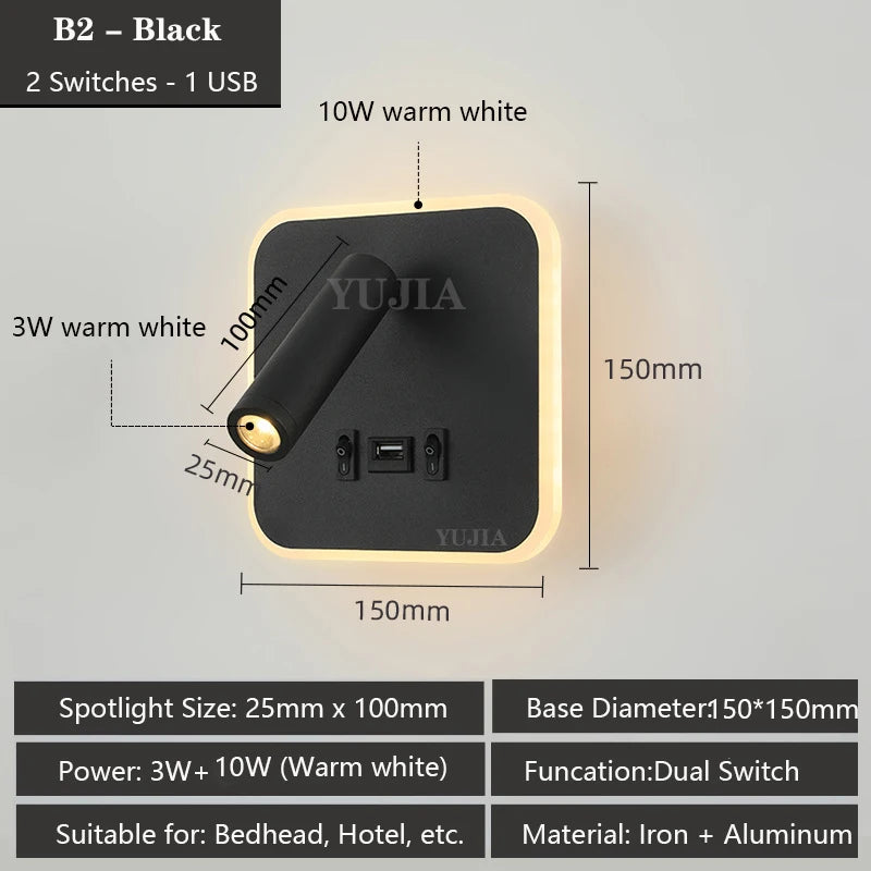 Contemporary Multifunctional LED Wall Sconce with Switch Modern Adjustable Reading Lamp USB Charging Ports for Bedrooms Offices