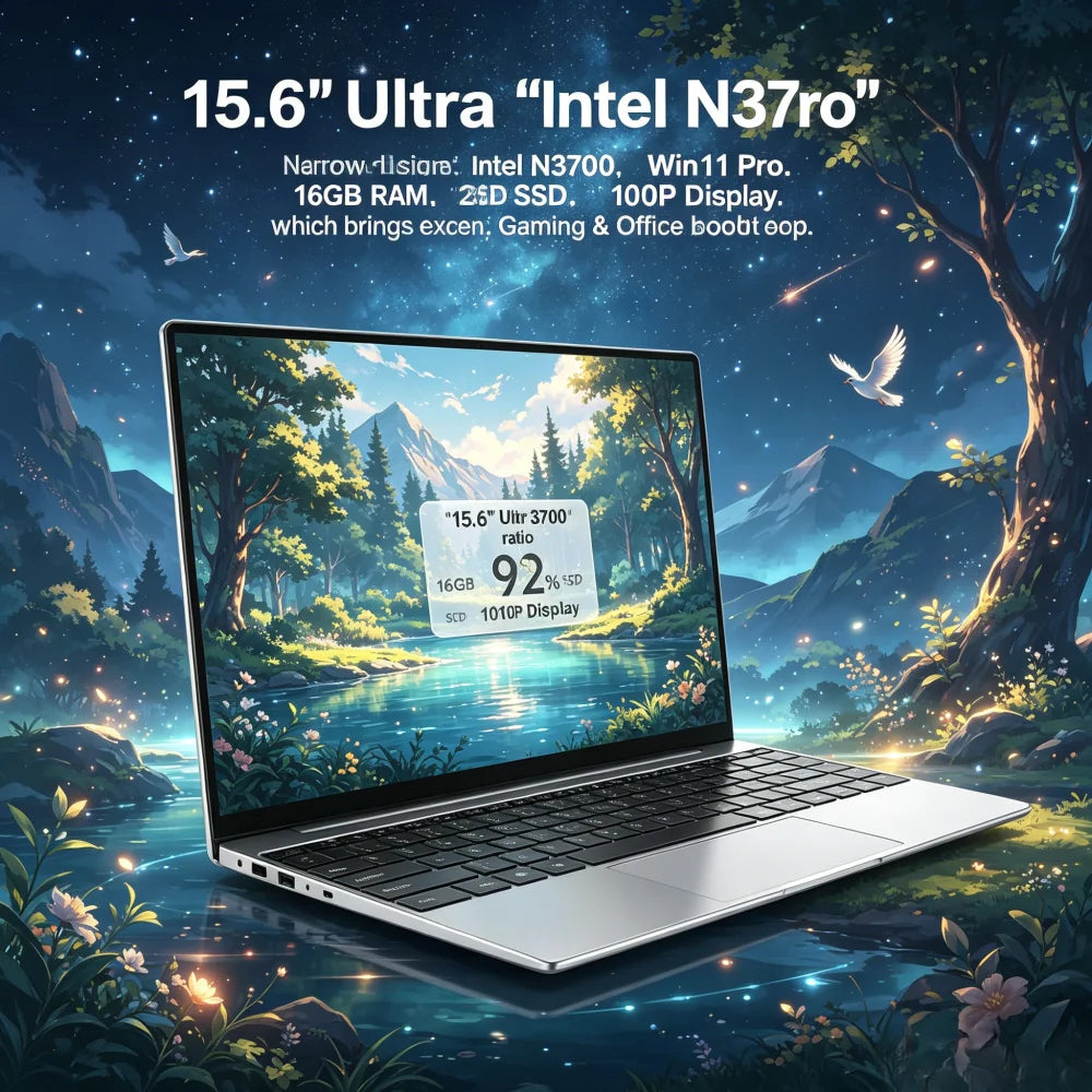 New 15.6" Ultra Slim Laptop Intel N3700 Win11 Pro 16GB RAM 2TB SSD 1080P Display Gaming Office Notebook