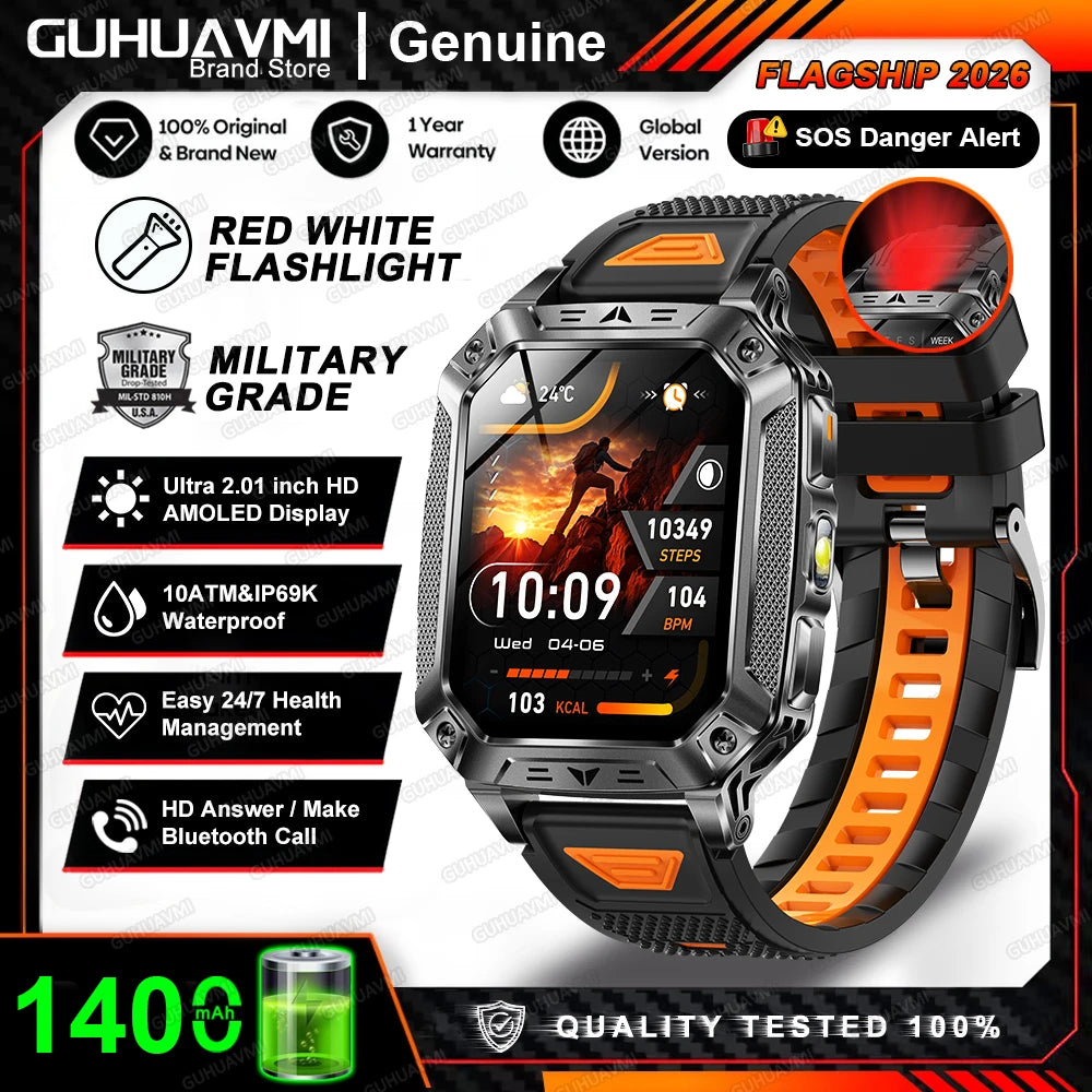 2026 New Military Grade 1400mAh Battery Smart Watch GPS Tracks 5ATMWaterproof Flashlight Heart Rate 2.1" Durable Smartwatch Men