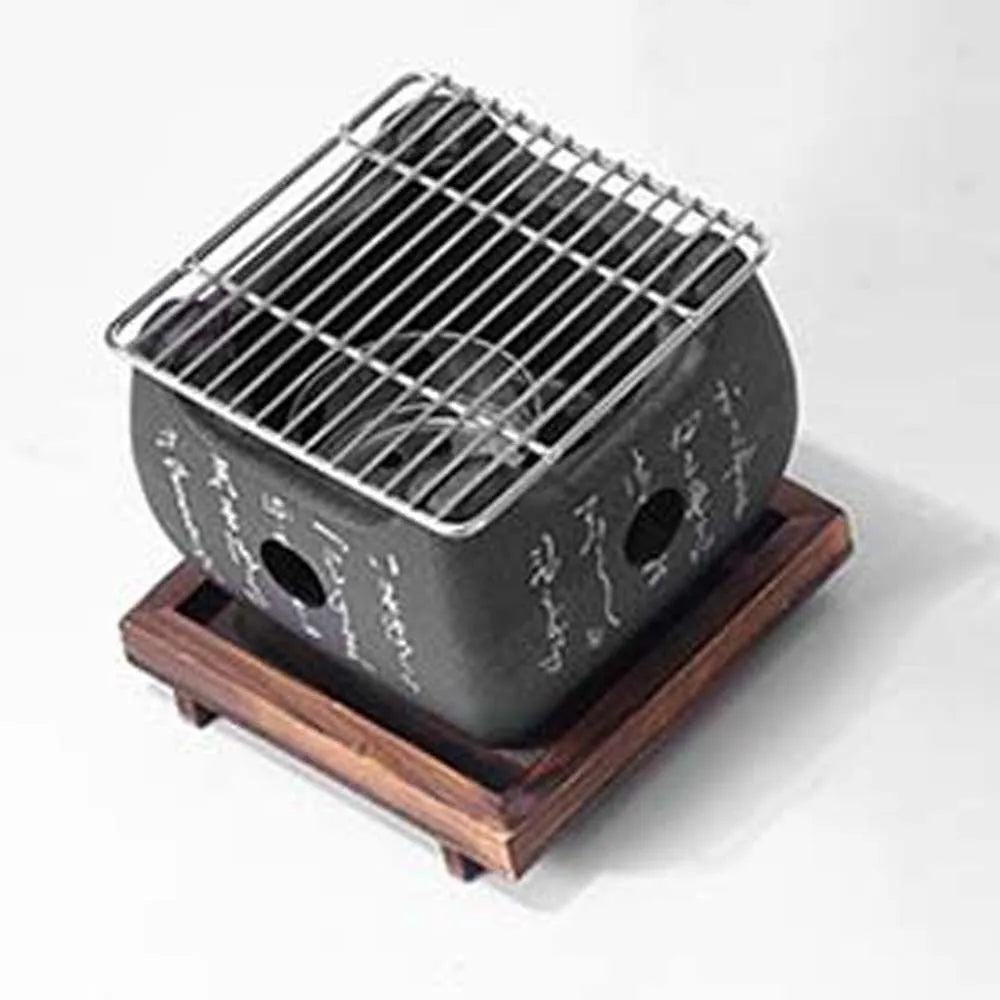 Japanese Style Charcoal Stove with Grill Net Carbon Stove Portable Charcoal Grill Square Wooden Board Mini Square Text Stove