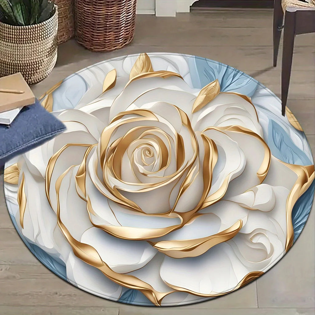 1pc round floor mat with white rose and gold decoration, polyester fabric, suitable for bedroom and living room decoration