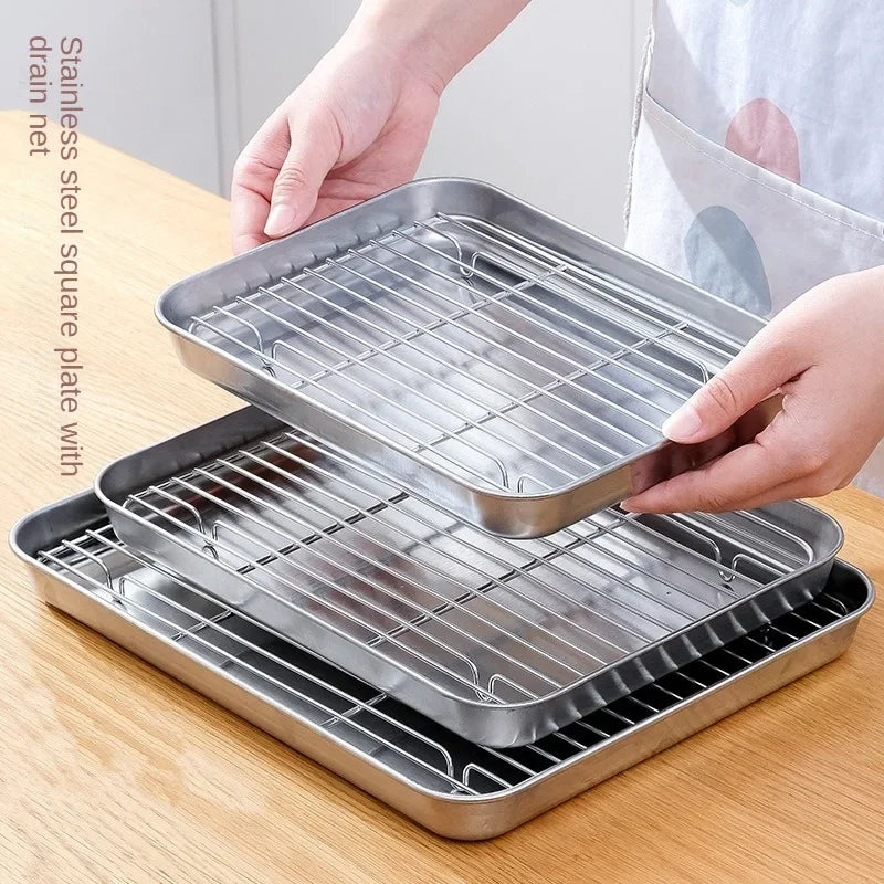 Flat Bottom 430 Stainless Steel Square Plate Oven Safe BBQ Grill Pan Drain Tray Oil Drip Rack Prep Plate for Roasting Grilling