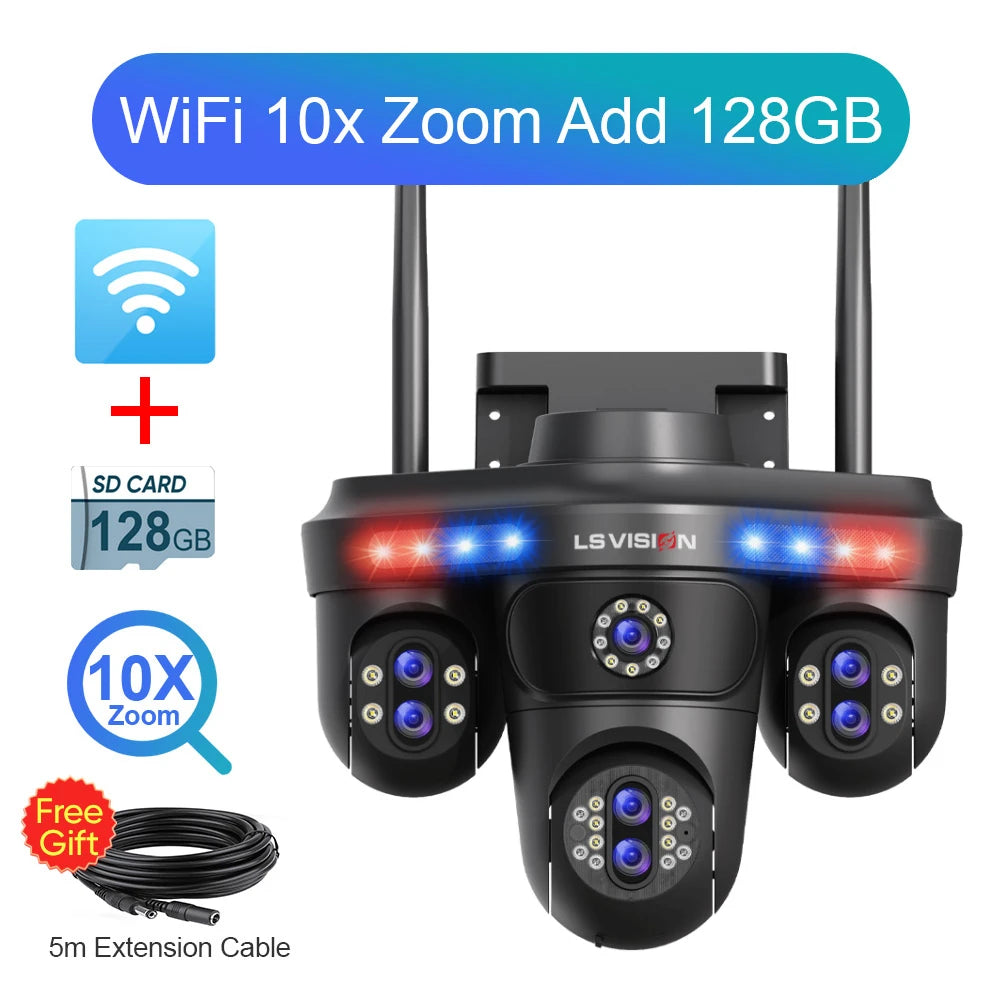 LS VISION 4 Screens 10X Zoom WiFi IP Camera 7Lens 35MP Outdoor Surveillance Camera 360 PTZ Auto Tracking Waterproof CCTV Cameras