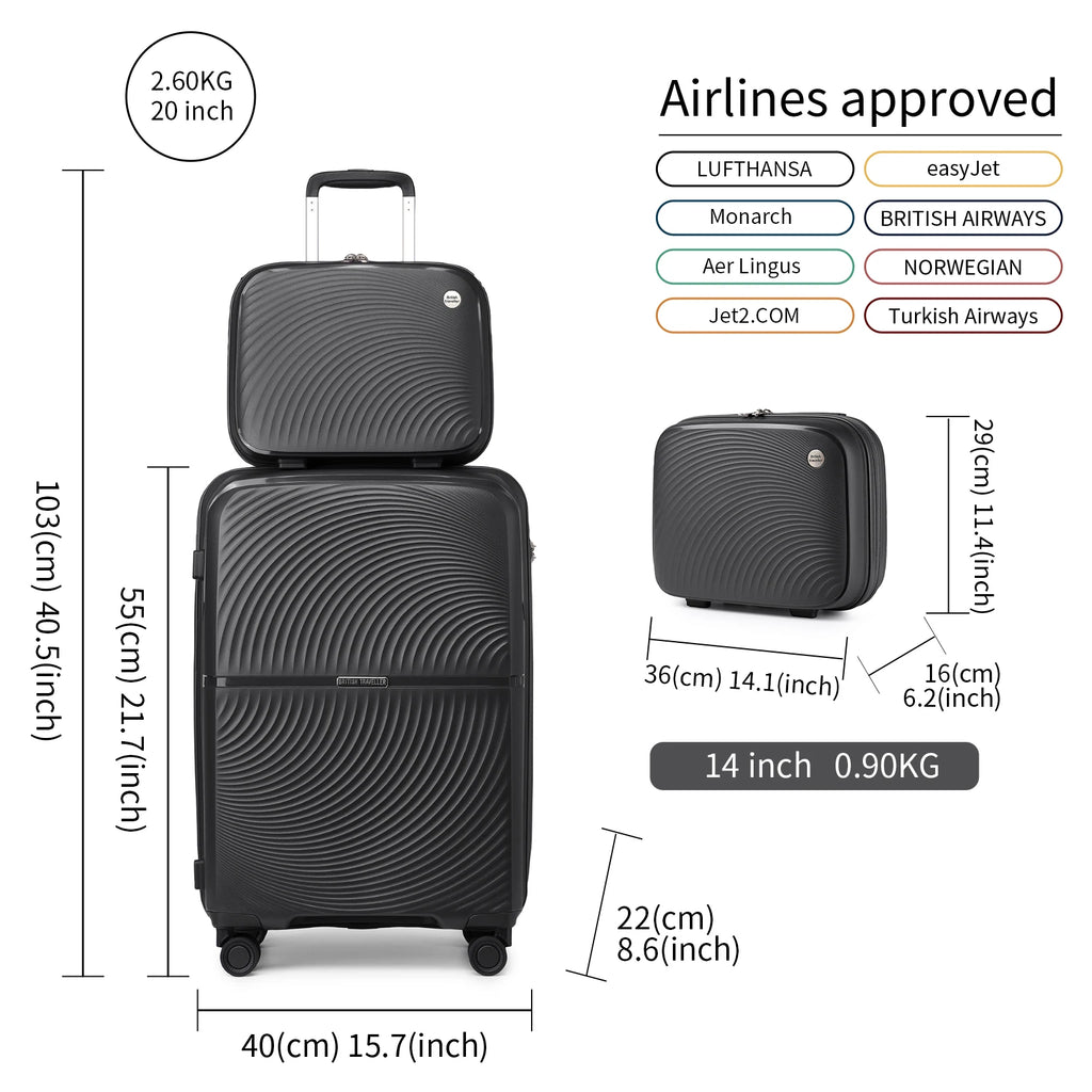 British Traveller 2 Piece Luggage Set 14+20 Inch, PP Hard Shell Suitcase with TSA Lock & Silent Spinner Wheels, Portable Carry-On Luggage for Business & Short Trips