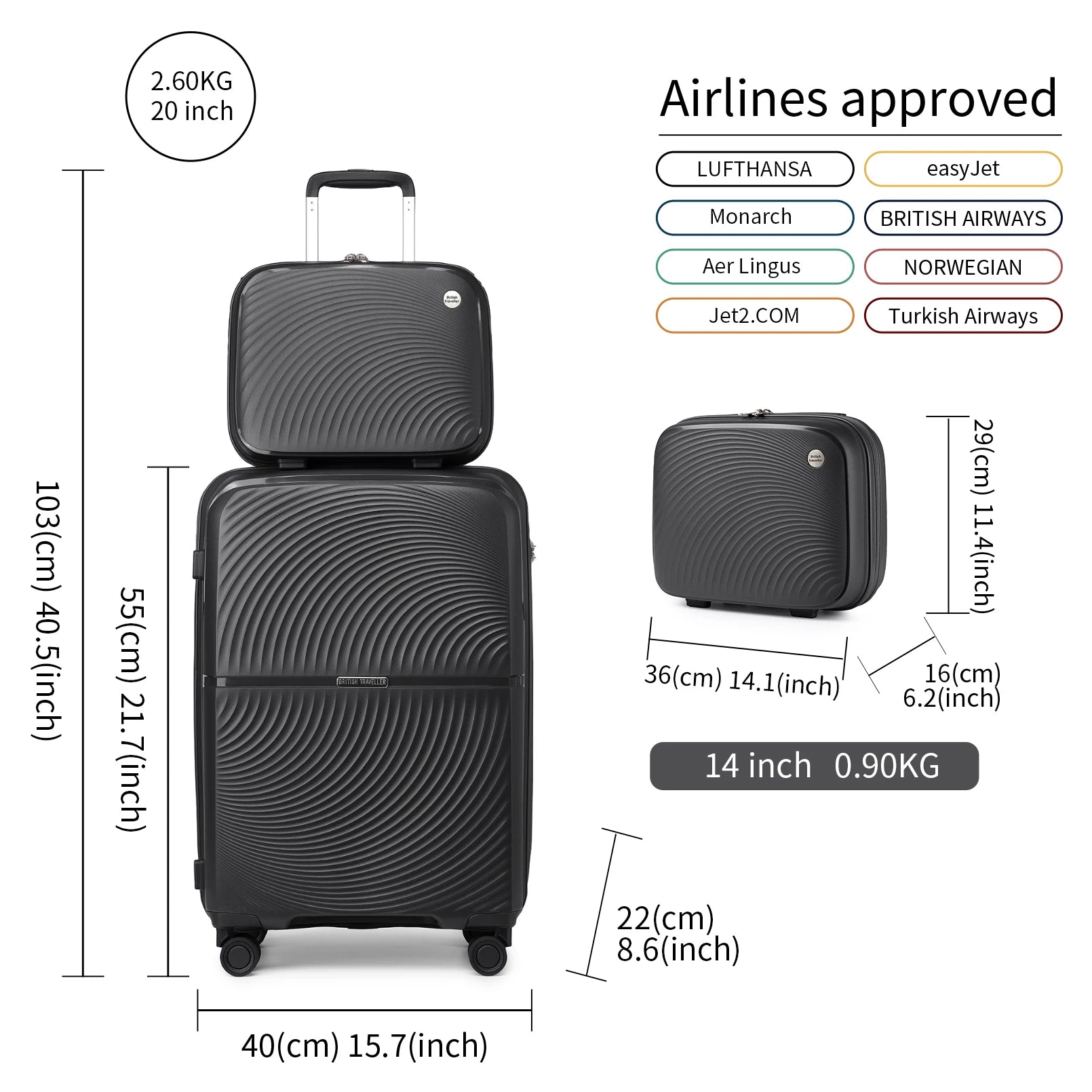 British Traveller 2 Piece Luggage Set 14+20 Inch, PP Hard Shell Suitcase with TSA Lock & Silent Spinner Wheels, Portable Carry-On Luggage for Business & Short Trips