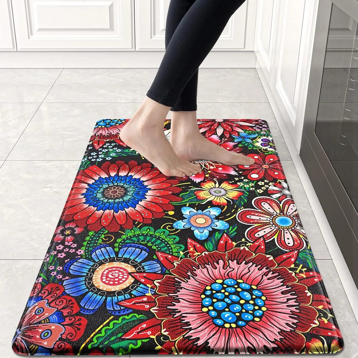 Boho Floral Kitchen Runner Rug, Non-Slip Washable Floor Mat with Colorful Flower Art Print for Kitchen, Bedroom, Bathroom Area