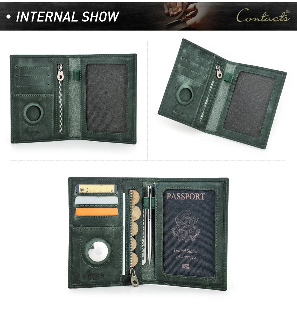 CONTACT'S Genuine Leather Passport Wallet Card Holder Coin Purse AirTag Slot Men Travel Wallet Women‘s Purse Passport Cover Bag