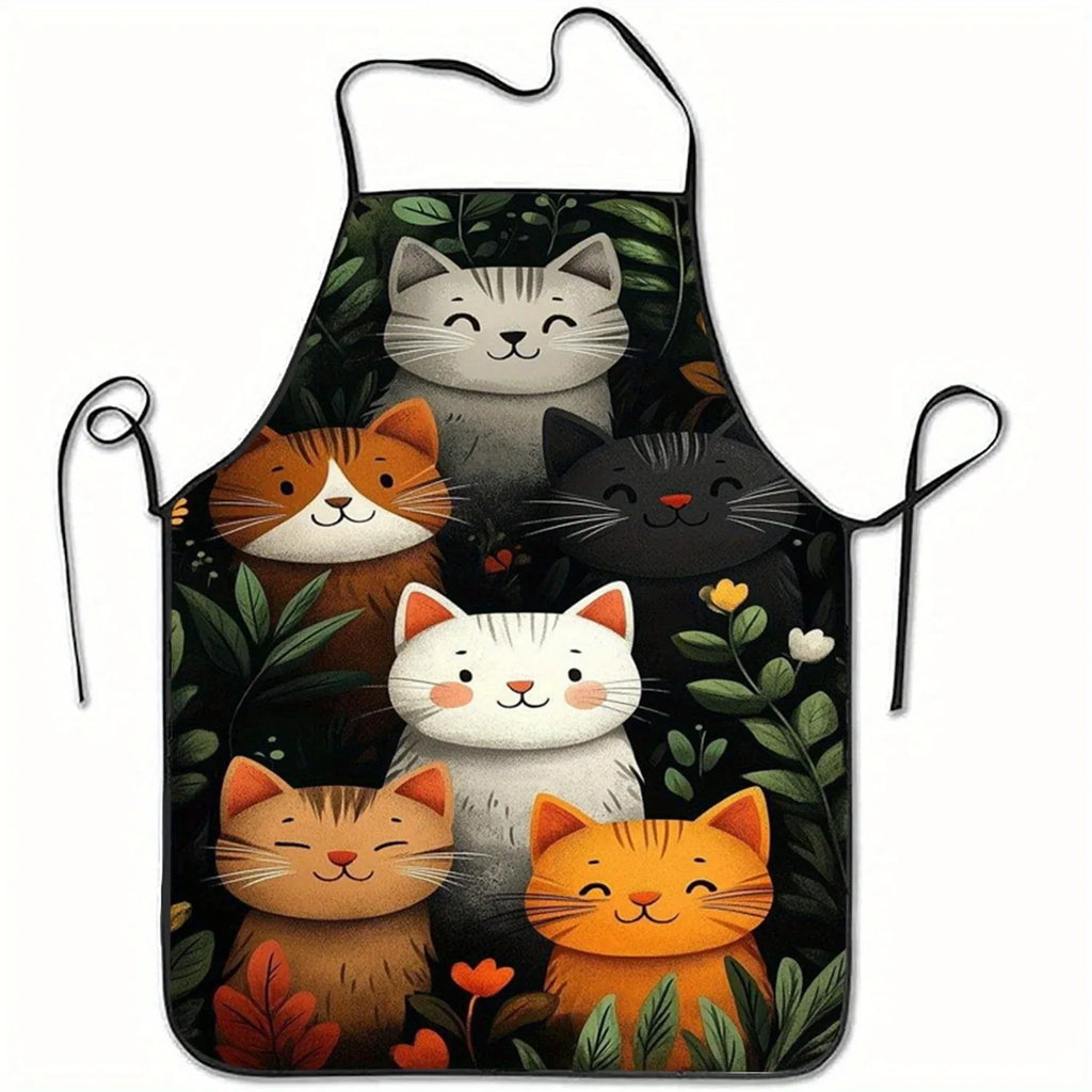 Cute Cat Pattern Polyester Apron  Vibrant Cartoon Cats with Hearts & Stars DesignKitchen Apron for Cooking, Baking Home Decor