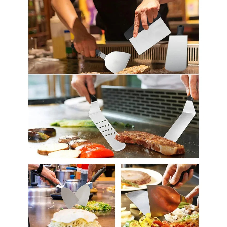 Onilini Griddle Accessories Kit BBQ Tools 6 Pieces Set Stainless Steel Spatulas with Carry Bag Scraper for Outdoor Barbecue
