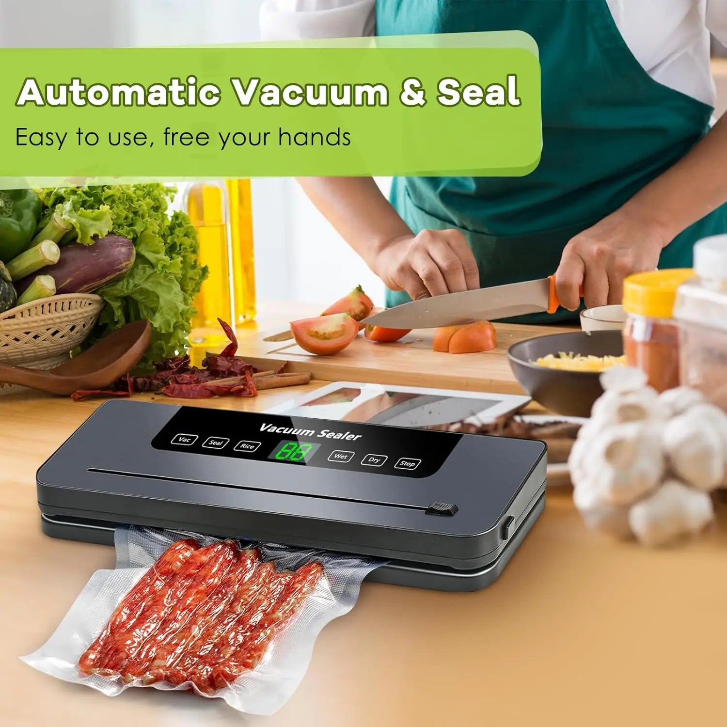 Vacuum Sealer,Automatic Food Vacuum Sealer,5 modes,with 10 sealing pockets and built-in cutter for sealing of wet and dry food