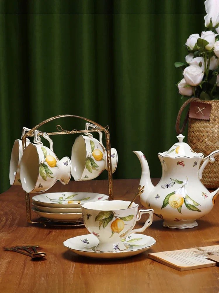 European Style Ceramic Mug Coffee Cup and Saucers Set Lemon Pattern Retro Afternoon tea cup Dessert Plate Teapot Home kettle
