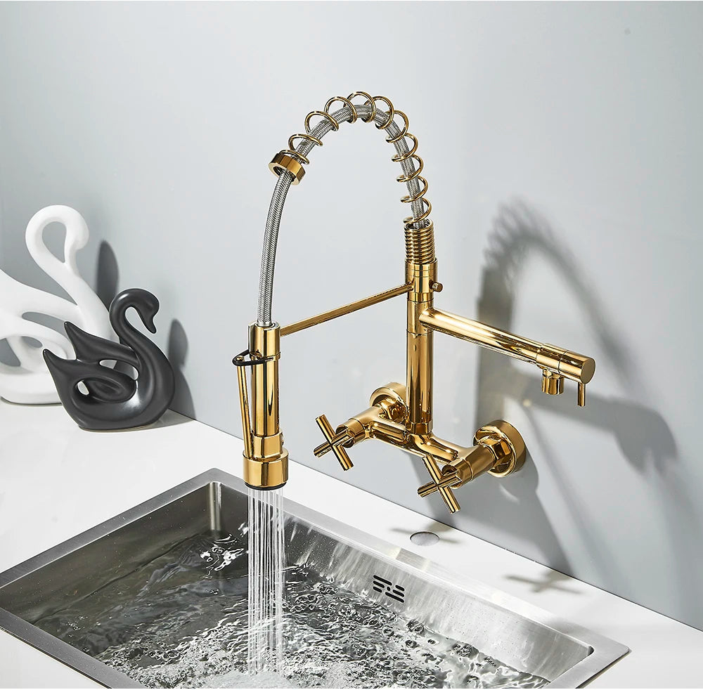 Gold Black Kitchen Faucet Wall Mount Pull Down Tap Vessel Sink Hot Cold Water Mixer Tap Spring Dual Swivel Spouts Sink Crane