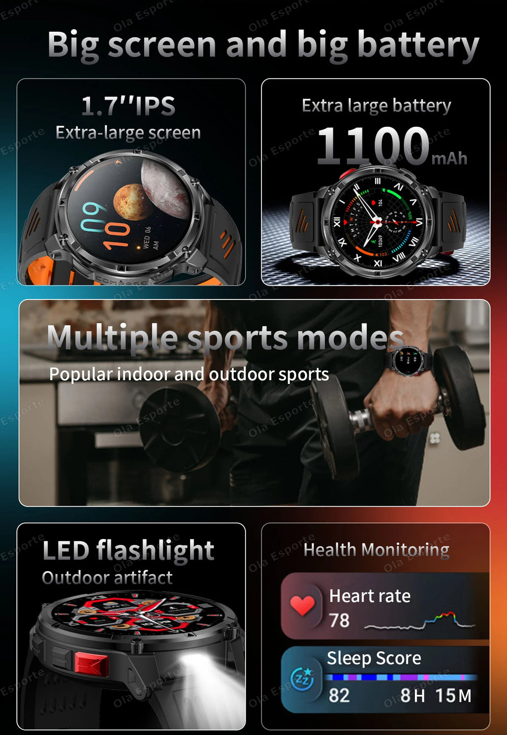 2026 Ultra 1100Mah Battery Military Smart Watch Men 1.7"AMOLED GPS Path 5ATM Waterproof Sports Compass LED Flashlight Smartwatch