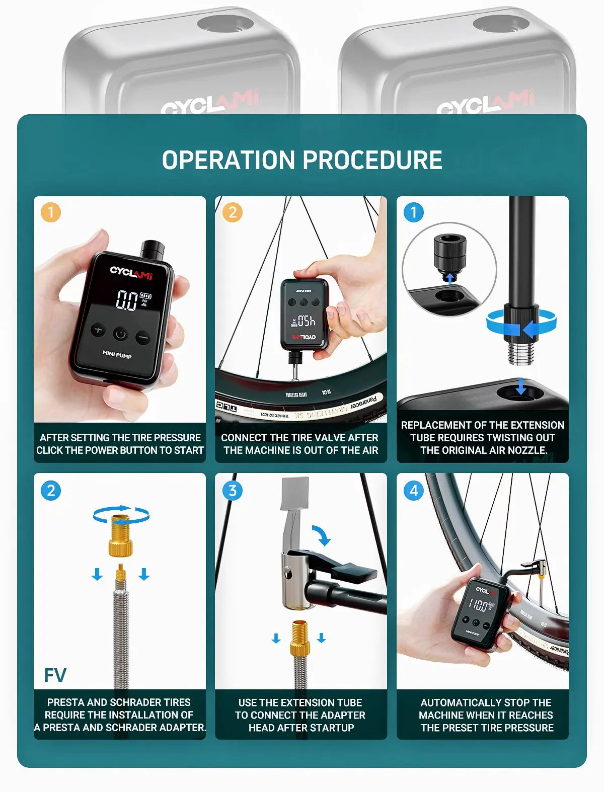 CYCLAMI HW125 Bicycle Electric Inflation Pump Mini Portable 150Psi High Pressure Air Inflator