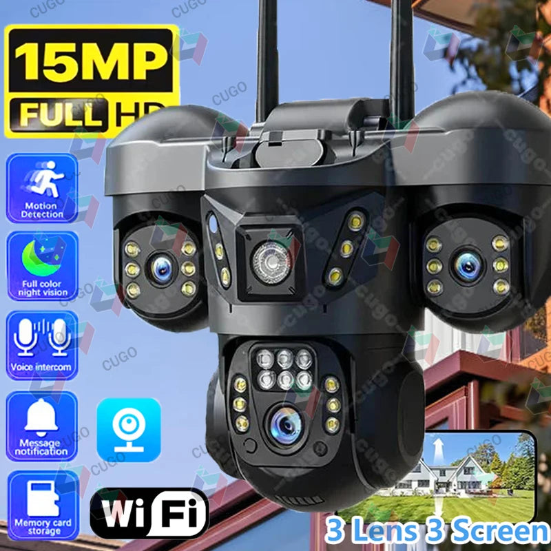 15MP 8K WIFI IP Camera 10X Zoom Triple Lens Outdoor Triple Screen PTZ Cam Waterproof CCTV Auto Tracking Security Surveillance