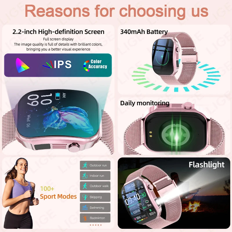 3D Curved Screen Smart Watch 2.2" Large HD Display Bluetooth Call Waterproof Flashlight Outdoor Sport Smartwatch Women 2026 New