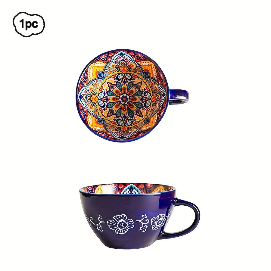 1pc 450ml/15oz Bohemian Ceramic Coffee Mug, Boho Style Underglaze Ceramic Breakfast Cup Multicolor Porcelain Cup for Matcha Latt