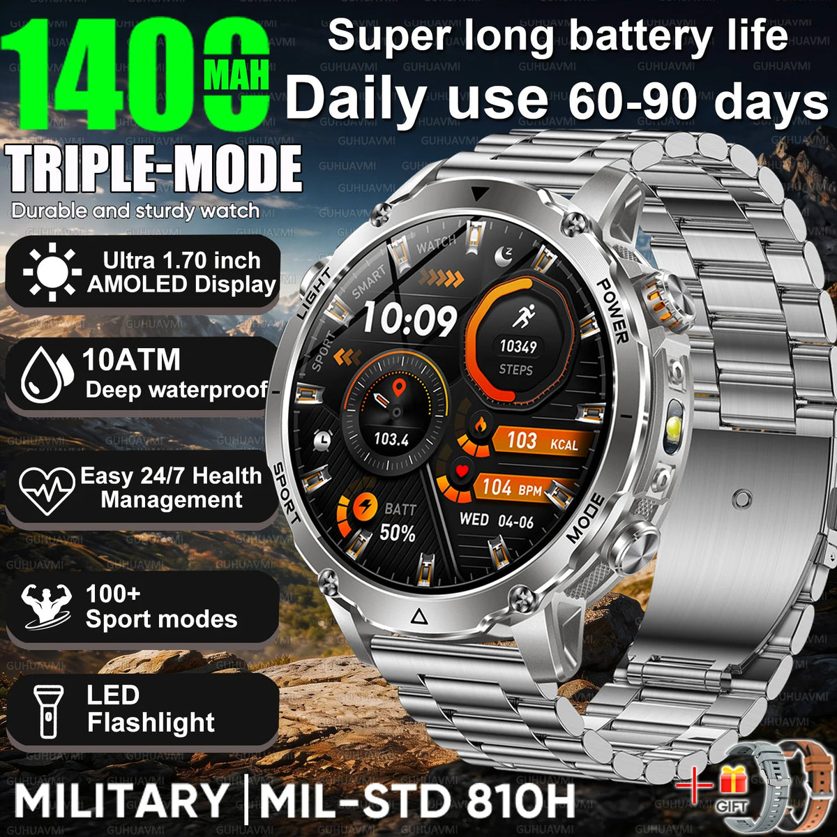 2026 Hot New 1400mAh Extra-Large Battery SmartWatch Men Military Outdoor SOS Flashlight  Waterproof Heart Rate Sports Smartwatch