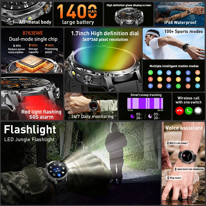 LIGE Men Smart Watch 1400 mAh 1.7 Inch Screen Bluetooth Call Voice Assistant Watch Sport Fitness IP68 Waterproof Smartwatch 2026