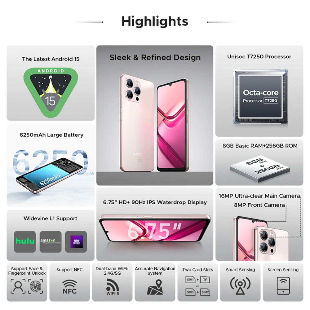 DOOGEE Note58 Pro Smartphone 6.75" HD+ Display 32GB(8+24) 256GB 6250mAh Battery NFC Widevine L1 Android 15 Mobile Phone