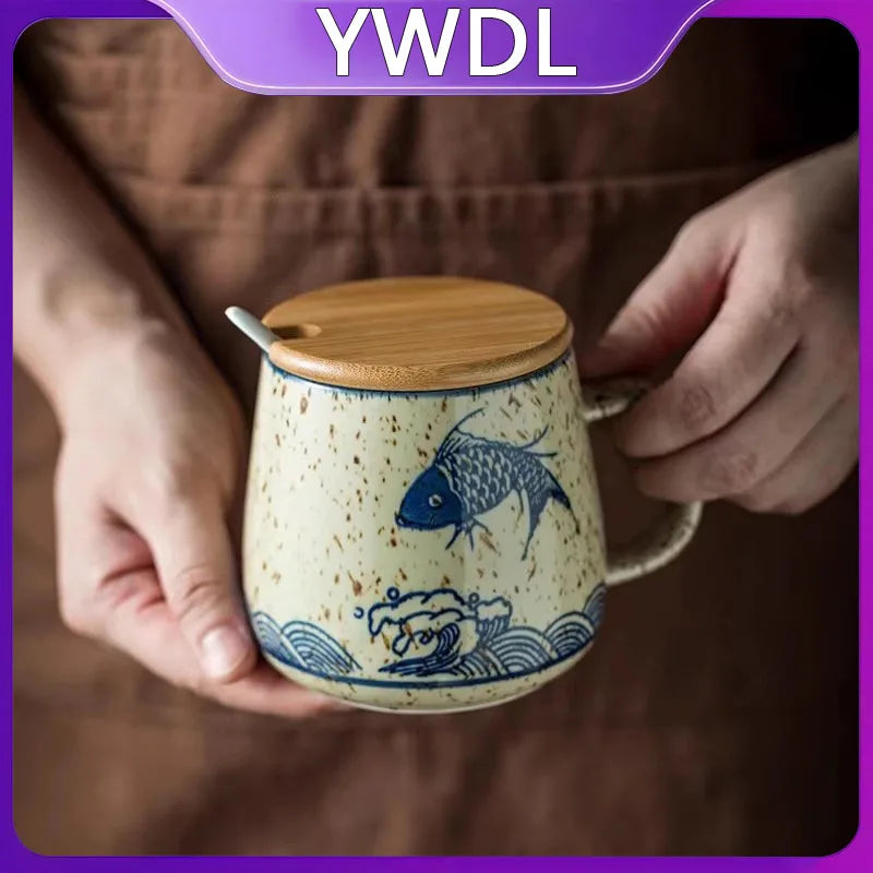 YWDL 350ml Japanese Ceramic Coffee Mug With Lid And Spoon Milk Breakfast Cups Home Heat-resistant Teacup Tumbler Water Mug Gift
