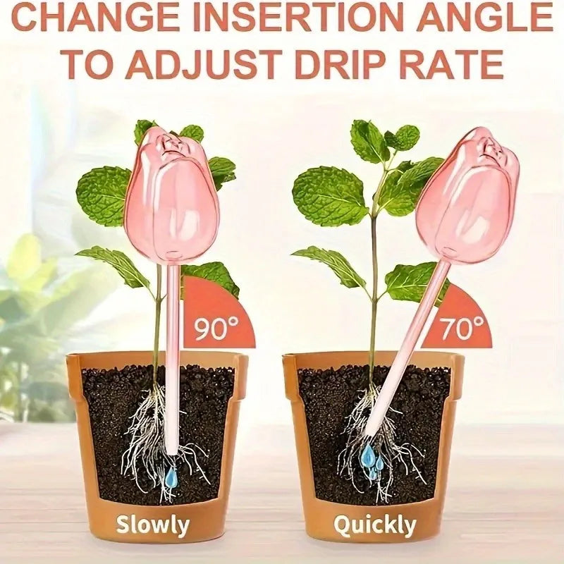 Pink tulip plant watering balls, suitable for indoor and outdoor plants, automatic plant drippers, and automatic watering