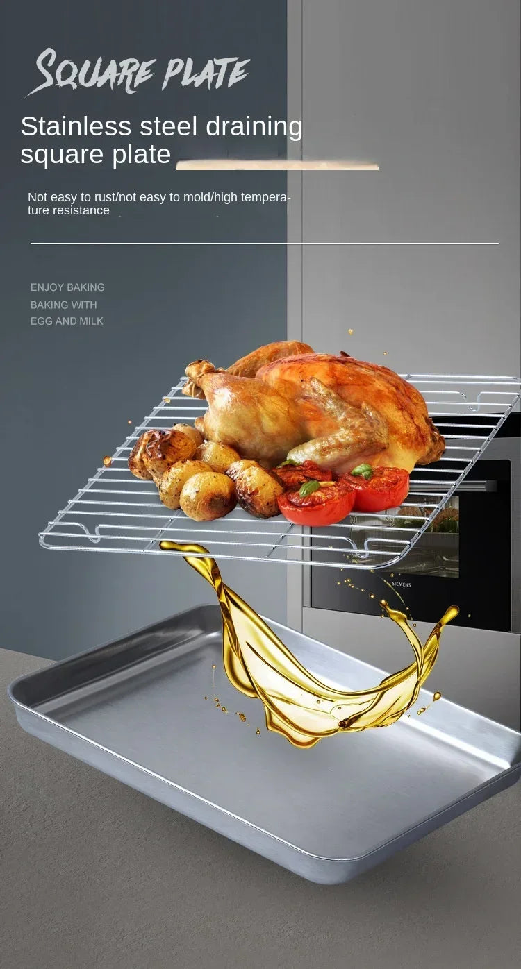 Flat Bottom 430 Stainless Steel Square Plate Oven Safe BBQ Grill Pan Drain Tray Oil Drip Rack Prep Plate for Roasting Grilling
