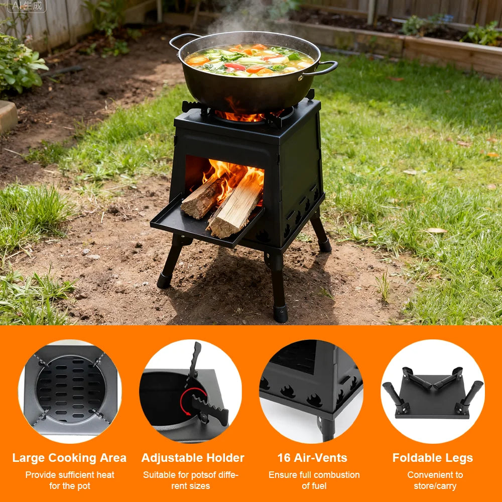 Wood Burning Stove Foldable Firewood Stove Picnic BBQ Grill Stove Heating Cooking for Outdoor Hiking Camping